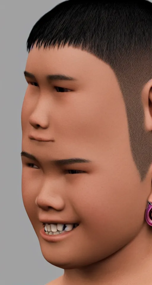 Prompt: close up of a teenage chubby filipino boy with crooked teeth, shaved sides of head, lots of curly hair on top, small studded earings, 4 k, photorealistic, high detail