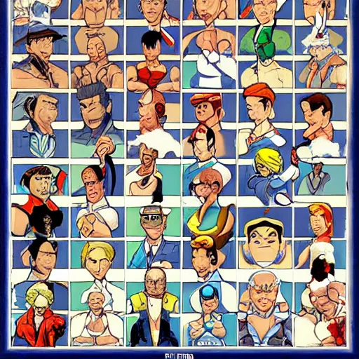 Image similar to all the street fighter characters in the style of tintin, comic