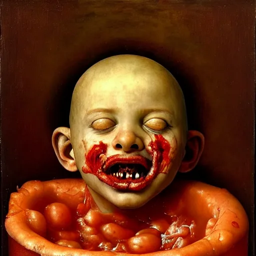 Prompt: a boy sitting in a bathtub full of tomato sauce, looking straight into camera, screaming in pain, by giuseppe arcimboldo and ambrosius benson, renaissance, fruit, intricate and intense oil paint, a touch of beksinski and hr giger, realistic