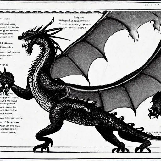 Prompt: old encyclopedia illustrations presenting dragons, with descriptive text, informative diagrams and notes