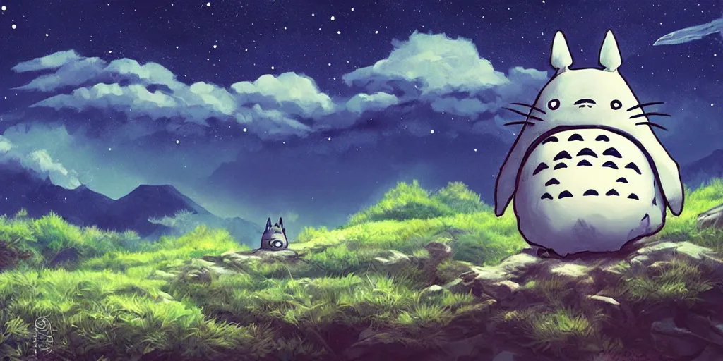 Image similar to exoskeleton totoro, mountain landscape, night sky, digital art, digital painting, celestial, majestic, playful, colorful