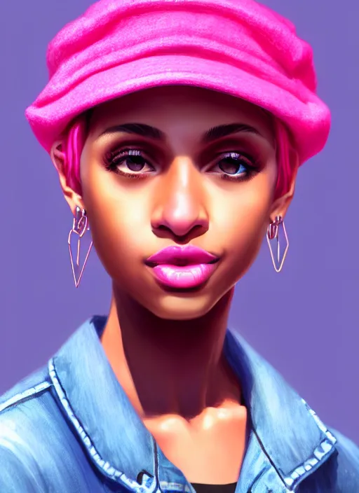 Image similar to portrait of teenage vanessa morgan with bright pink hair, black girl, curly pixie cut hair, wearing newsboy cap, pink short haircut, newsboy cap, hoop earrings, blue eyes, intricate, elegant, glowing lights, highly detailed, digital painting, artstation, concept art, smooth, sharp focus, illustration, art by wlop, mars ravelo and greg rutkowski