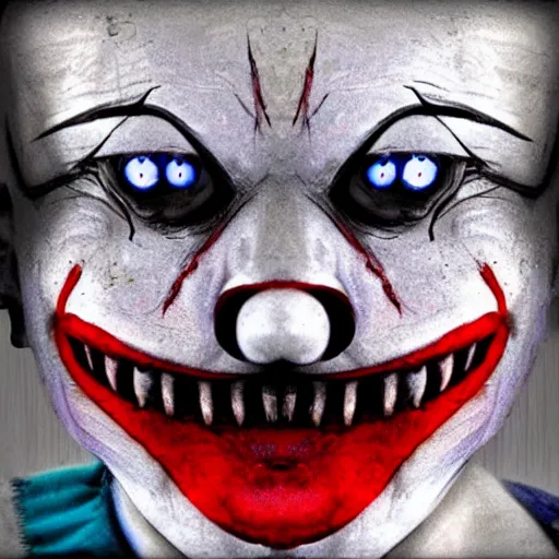 Image similar to terrifying clown, horror, creepypasta, unsettling, camera footage, found footage