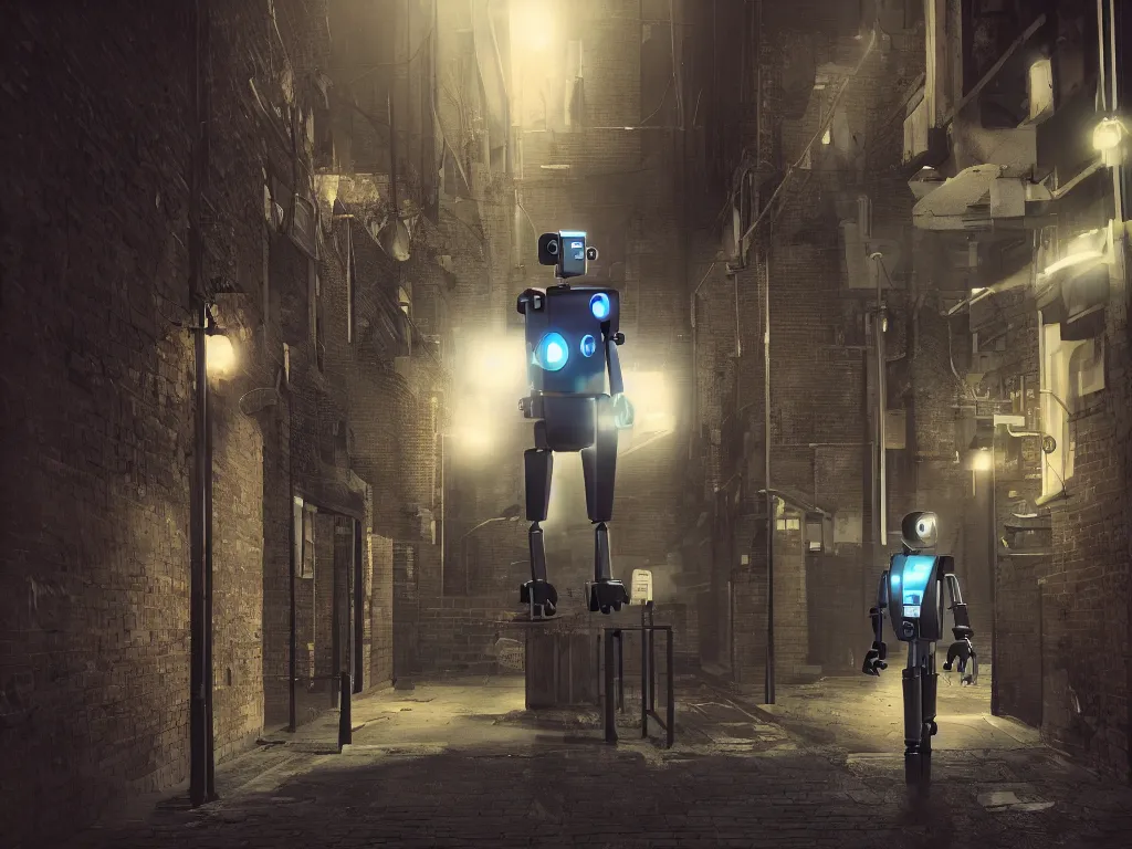 Prompt: a cartoon of a paranoid android on the run, around the corner ,down the alley of a big city with brick buildings and street lights. robot, crime noir, octane render, cinematic, dramatic