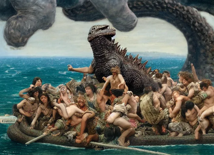 Image similar to godzilla attacking the raft of the medusa, painting by lawrance alma - tadema, 4 k, hyper - realistic, highly detailed