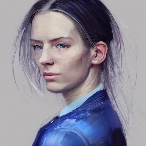 Image similar to Portrait of a woman by Greg Rutkowski, she is about 30 years old, pretty, blond hair with two strans around her face, slavic features, melancholic gaze, pretty aquiline nose, she is wearing a blue utilitarian jumpsuit, highly detailed portrait, digital painting, artstation, concept art, smooth, sharp foccus ilustration, Artstation HQ.