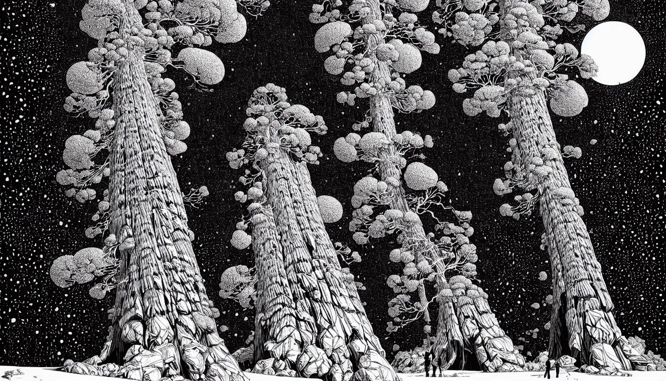 Image similar to giant sequoia by woodblock print, nicolas delort, moebius, victo ngai, josan gonzalez, kilian eng