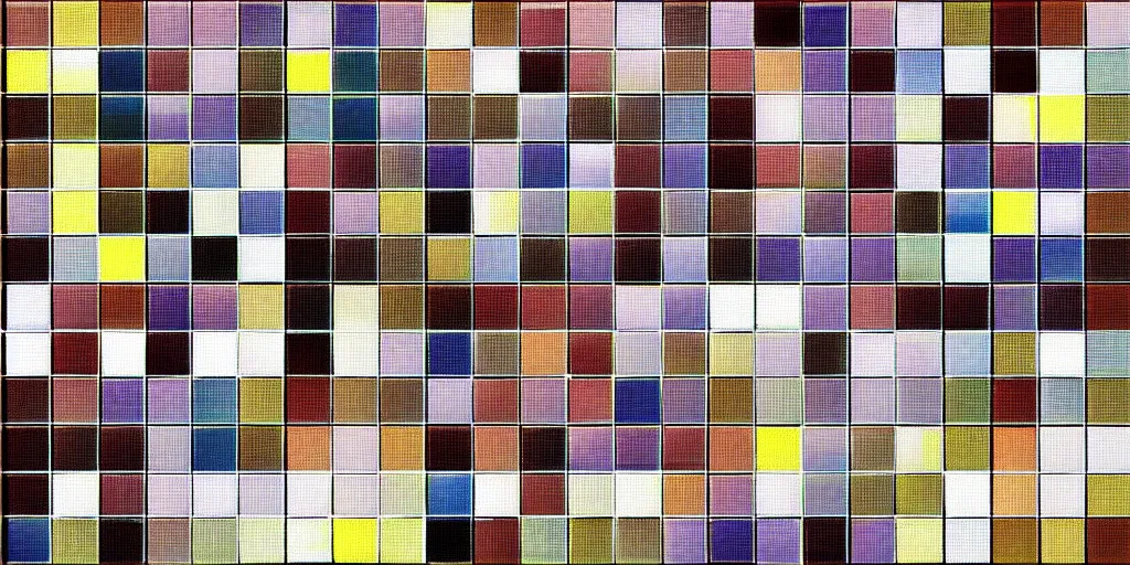 Image similar to a mosaic painting of a grid of 1 0 2 4 colored squares, random muted colors, by gerhard richter, white border and background, lacquer on canvas, 1 0 2 4 farben abstract, geometric, sharp focus, highly detailed, digital painting, hyperealism, 8 k, hd
