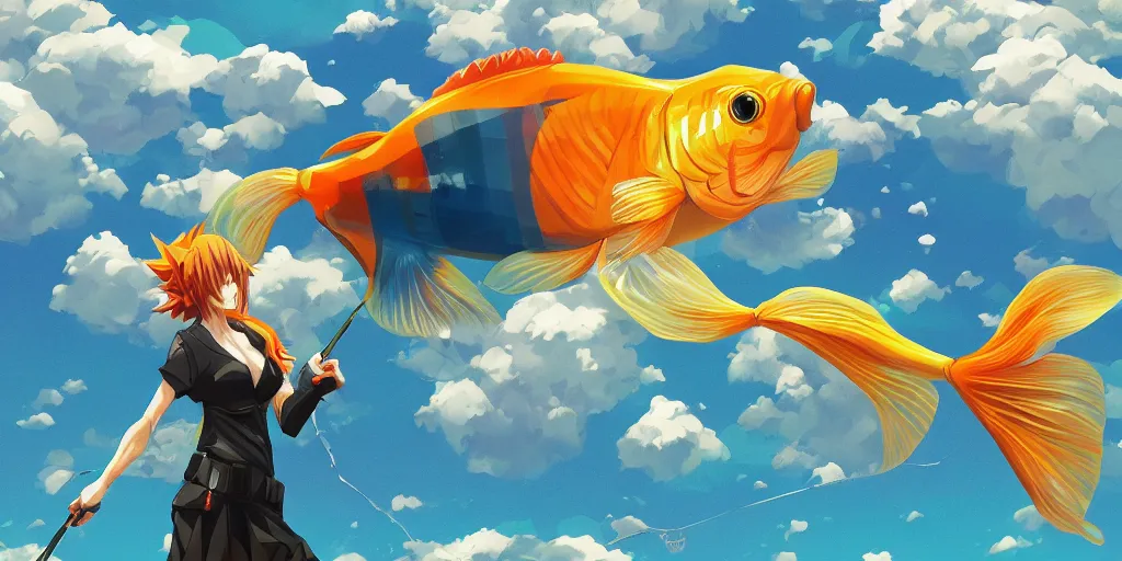 Image similar to giant goldfish swimming through the big puffy clouds, large polygonal background elements, large polygons, dramatic anime, dramatic lighting, artgerm, manga, trending on artstation, art nouveau, mature colors