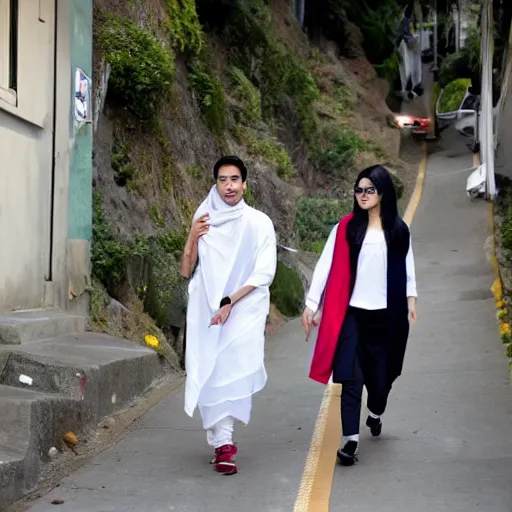 Image similar to A white woman and an East Asian woman, both wrapped in saris, walk up and down the hills of San Francisco on the arm of Indian boyfriends decked in normie tech bro outfits