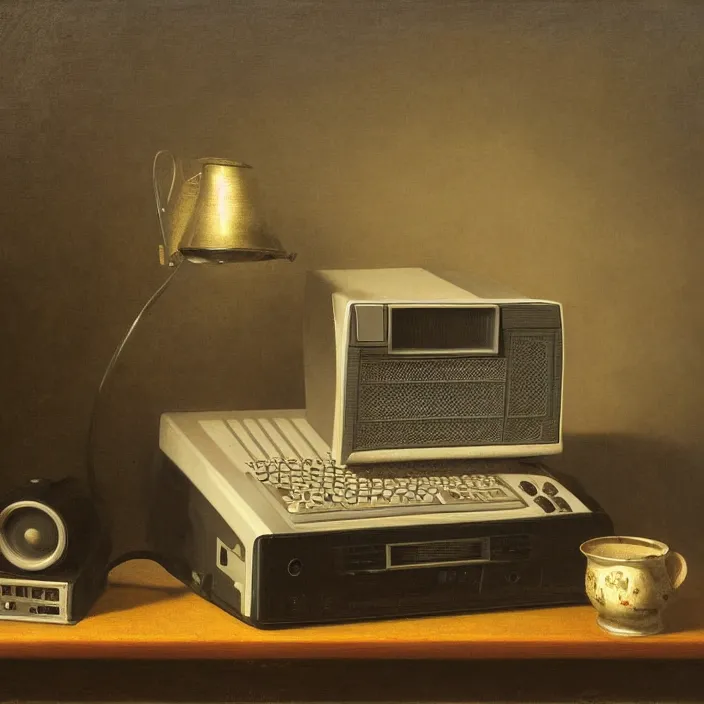 Image similar to still life painting of a retro monitor and a commodore 6 4 by pieter claesz, oil on canvas, strong lighting, highly detailed, hyper realism, golden hour, god rays, hd, 4 k