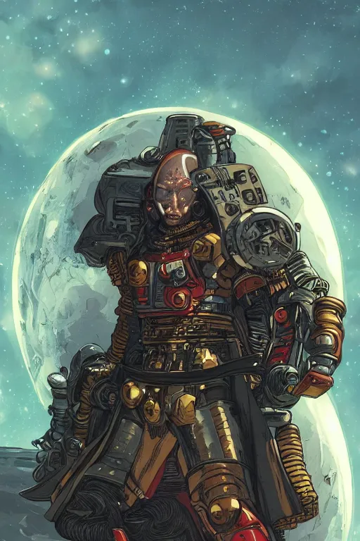 Image similar to Portrait of deadly space pirate warrior near spaceship wreckage, metabaron, stars, sun, planetes, highly detailed, digital painting, artstation, concept art, smooth, sharp focus, illustration, art by Juan Giménez and moebius