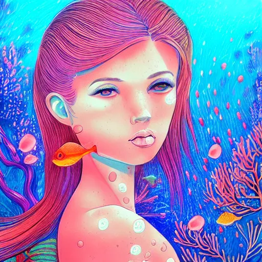 Image similar to coral underwater colorful, fantasy, intricate, highly detailed, little fish and sea life digital painting, hd, trending on artstation, illustration, fine lines, sharp edges, colourful, a reallistic attractive woman, swimming,