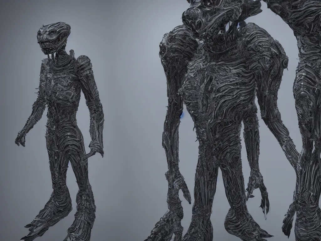 Prompt: creepy vintage fractal alien power suit, highly detailed, sharp focus, illustration, cinematic lighting, unreal engine 5