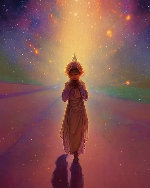 Image similar to bedouin child praying in galaxy walking towards mosque surrounded by nebula, highly detailed, gold filigree, romantic storybook fantasy, soft cinematic lighting, award, disney concept art watercolor illustration by mandy jurgens and alphonse mucha and alena aenami, pastel color palette, featured on artstation