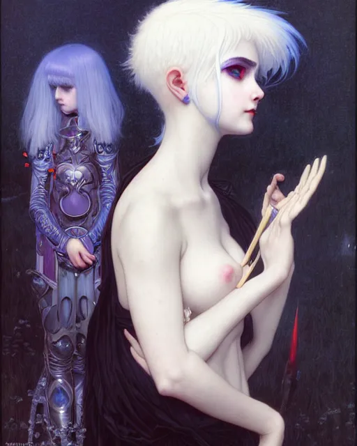 Prompt: portrait of beautiful cute young goth maiden girl with white hair in warhammer armor, art by ( ( ( kuvshinov ilya ) ) ) and wayne barlowe and gustav klimt and artgerm and wlop and william - adolphe bouguereau