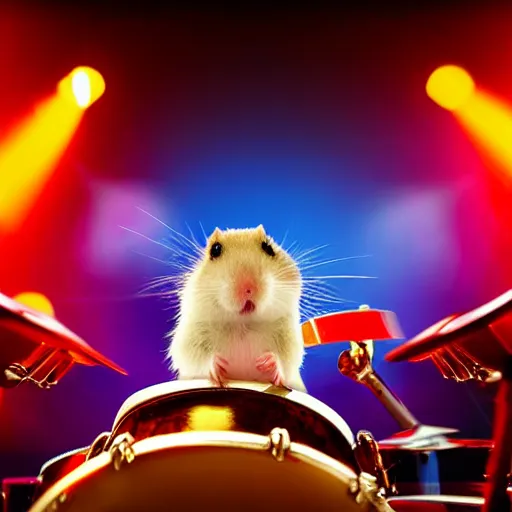 Image similar to a hamster playing drums on a stage in a small club, red and blue stagelights, photorealistic