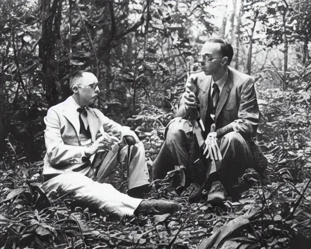 Image similar to close - up of edgar cayce and aldous huxley in a forest, epic colorful hyper detailed award winning photography