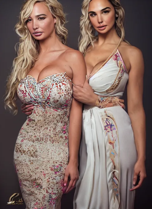 Prompt: portrait of lindsey pelas and gal gadot wearing kebaya in bali, by charlotte grimm, natural light, detailed face, beautiful features, symmetrical, canon eos c 3 0 0, ƒ 1. 8, 3 5 mm, 8 k, medium - format print, half body shot