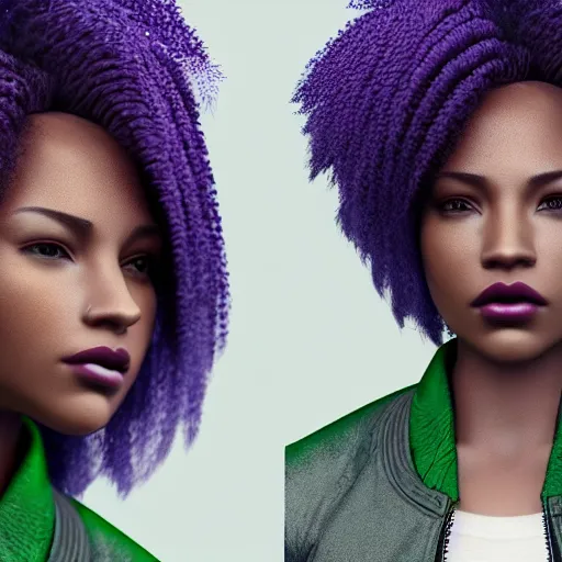 Prompt: black woman, hairstyle = short bob, hair colour = light grey, eyes = purple, wearing dark green bomber jacket, realistic 4 k octane beautifully detailed render, 4 k post - processing, highly detailed, intricate complexity, epic composition, magical atmosphere, cinematic lighting, masterpiece, ultra hd