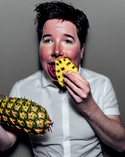 Image similar to Portrait of a drunk Michael Mcintyre eating a pineapple in a nightclub in Porto,real life skin, intricate, elegant, highly detailed, artstation, concept art, smooth, sharp focus, photo