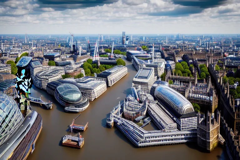 Image similar to an aerial view of a london city with a river running through it, a tilt shift photo by christopher wren, featured on cg society, new objectivity, uhd image, tilt shift, high dynamic range