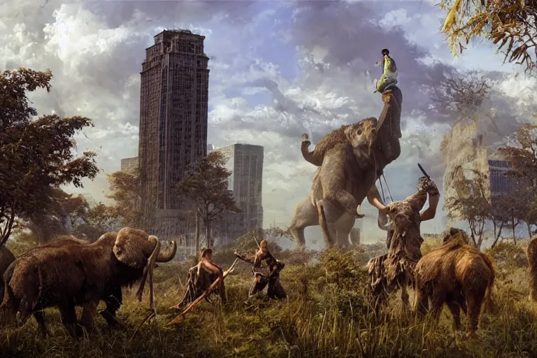 Prompt: epic scene of prehistoric hunter gatherers hunting wooly mammoth with spears in ancient ruins of decayed skyscrapers, statue of liberty, overgrown with vegetation, grass, trees, autumn season, clear and beautiful sunny weather, epic feels, high details, oil painting by greg rutkowski and craig mullins, 8 k