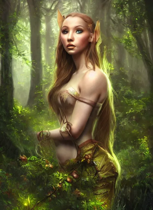 Image similar to A hyperrealistic fantasy portrait painting of a gorgeous young female elf in a lush dark atmospheric lightning forest, DAZ, hyperrealistic, ambient light, dynamic light