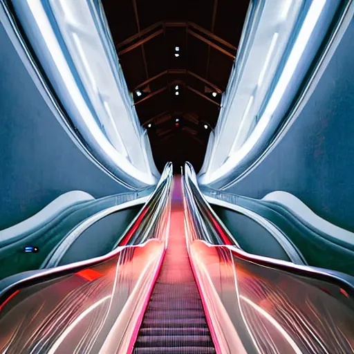 Image similar to approaching futuristic helical escalator inside white back glossy lit tube with streaming beams of light, building anticipation, scintillating, movement, pastel gradients, 8 k, highly detailed, professional photograph, epic composition, modern details