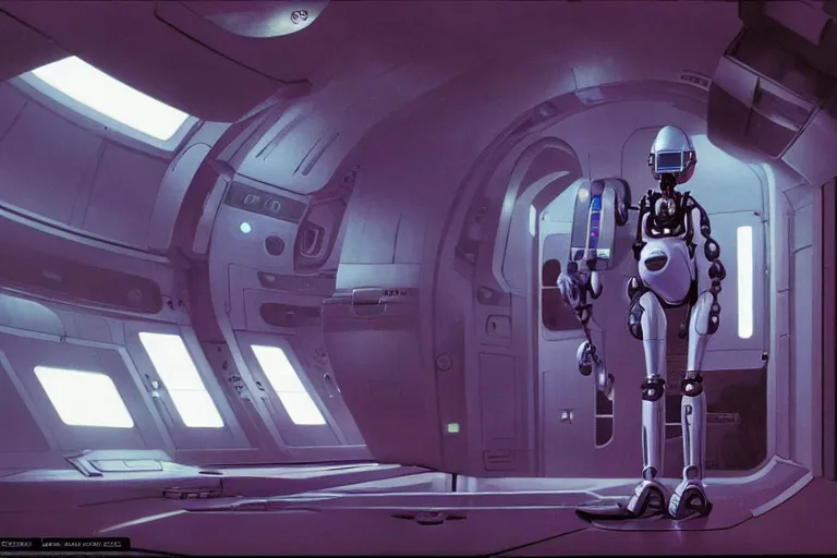 Prompt: a cinematic wide - angle photograph of an androgynoid robot in the sick bay on the inter - galactic spaceship by john harris and jim burns, 8 k, beautiful lighting, high depth, ultra realistic, hyper - detailed, sci - fi movie style, coherent composition