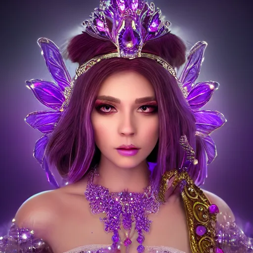 Image similar to portrait princess of amethyst, glowing, ornate and intricate purple jewelry, jaw dropping beauty, glowing background lighting, purple accent lighting, hyper detailed, fairy tale, 4 k octane render