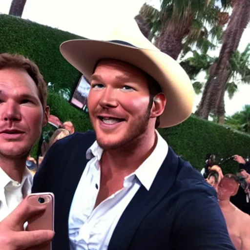 Image similar to chris pratt as indiana jones taking a selfie with harrison ford, instagram, cinematic, natural lighting, genuine smile