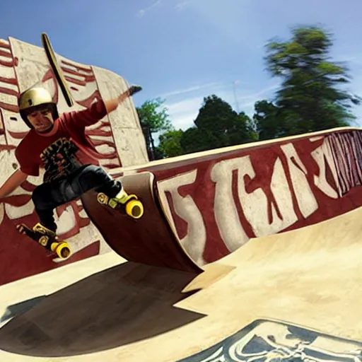 Image similar to roman chariot racing in a skate park half-pipe, tony hawk pro skater game cover