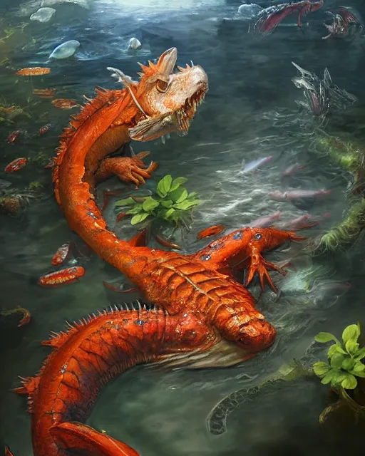 Image similar to game character, ethereal, gorgeous, mysteriously beautiful giant huge kaiju sized pond dragon half fish half salamander, sea dragon, wet amphibious skin, red salamander, axolotl creature, koi pond, korean village by Ruan Jia and Gil Elvgren, fullbody