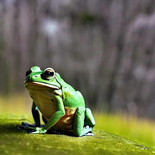 Image similar to An old photo of a sophisticated frog in a nice suit, he is totally lost in a field, hands in pockets