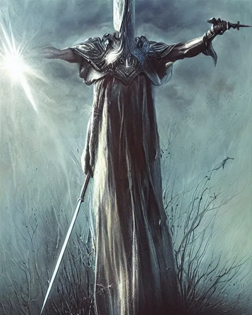 Image similar to spear of longinus, award winning photograph, radiant flares, realism, lens flare, intricate, various refining methods, micro macro autofocus, evil realm magic painting vibes, hyperrealistic painting by michael komarck - stephen gammell