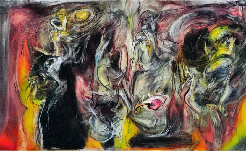 Prompt: men in black, blurred, grotesque, truly painting, with oils, acrylics, pens and pencils, doomed, acrylic paint, high resolution, gouache on canvas, vibrant colors, grotesque, wrapped thermal background, art francis bacon