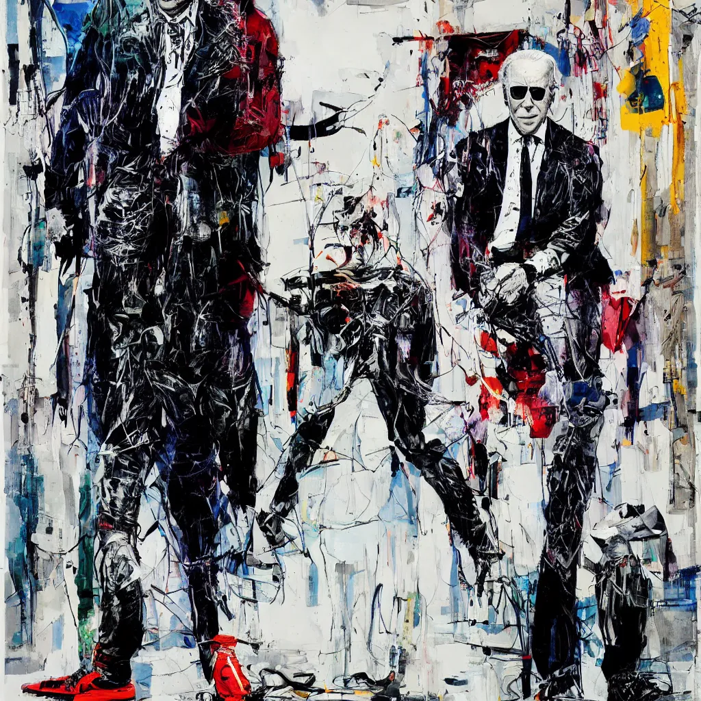 Image similar to Joe Biden full body portrait, Techwear, Cyberpunk, painting by Ralph Steadman, Francis Bacon, Hunter S Thompson