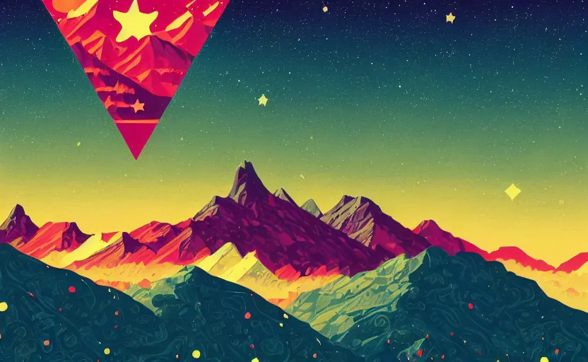 Prompt: mountains, stars and paisley filled sky, artstation, intricate, highly detailed, digital painting, concept art, sharp focus, illustration by tom whalen and kilian eng and james jean