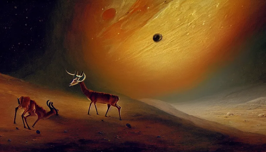 Prompt: highly detailed painting of antelopes on the surface of the moon by william turner, thick brush strokes and visible paint layers, 4 k resolution