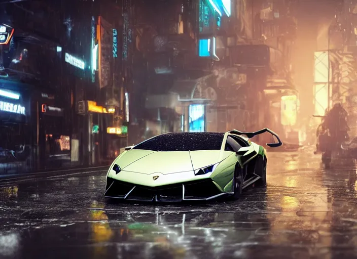 Prompt: Photo of Futuristic Lamborghini supercar on wet city streets by craig mullins and James Gurney, hyperdetailed, dramatic camera angle, octane render 8k,cyberpunk, neon, photorealistic