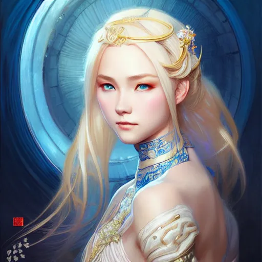 Image similar to elegant Chinese princess, D&D, blue eyes, blonde hair, fantasy, intricate, elegant, highly detailed, digital painting, artstation, concept art, smooth, sharp focus, illustration, art by artgerm and greg rutkowski and alphonse mucha