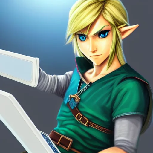 Image similar to link from zelda using computer, illustration, art by artgerm
