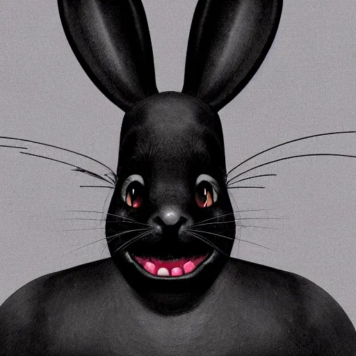 Image similar to A extremely highly detailed majestic hi-res beautiful, highly detailed head and shoulders portrait of a scary terrifying, horrifying, creepy black cartoon rabbit with scary big eyes, earing a shirt laughing in the style of Walt Disney