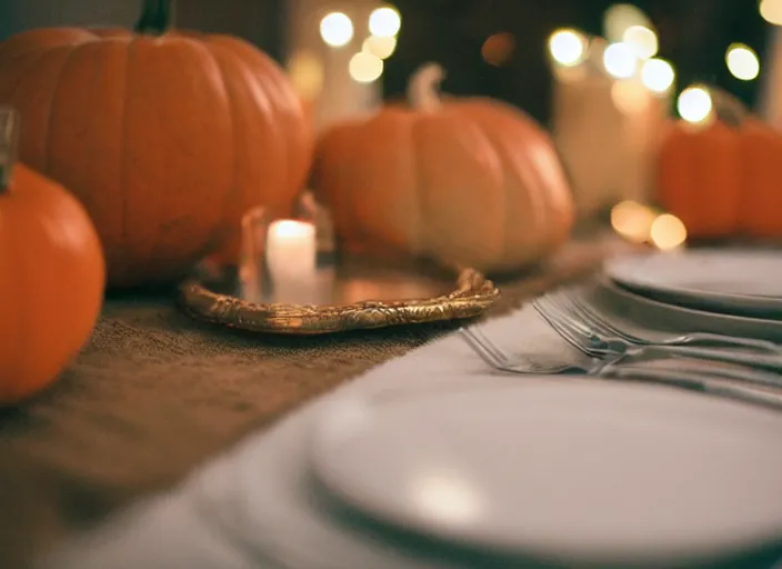 Prompt: a 3 5 mm photo of a table set for thanksgiving, bokeh, canon 5 0 mm, cinematic lighting, dramatic, film, photography, golden hour, depth of field, award - winning, 3 5 mm film grain, retro, film, kodachrome
