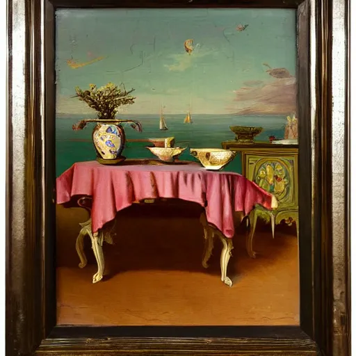Prompt: painting of antique furniture landing on venus, colorful, very high detail