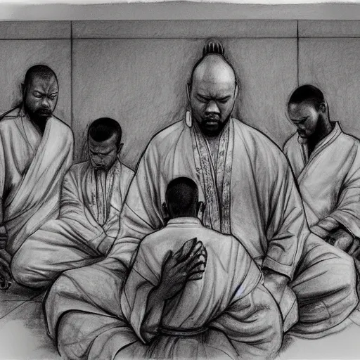 Image similar to pencil sketch of raekwon of wutang clan praying in front of a shaolin temple art by kim jung gi