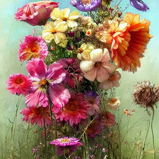 Image similar to summer flowers by jean - baptiste monge, masterpiece, colorful