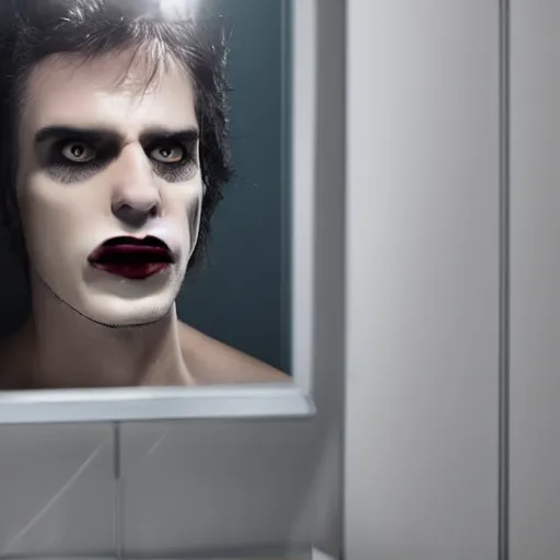 Image similar to a vampire looking into the bathroom mirror and seeing nothing