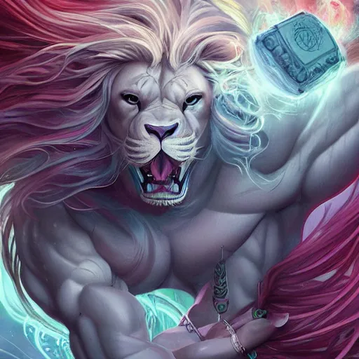 Image similar to aesthetic portrait commission of a albino muscular and attractive anthro lion with mane turning into cosmic smoke while wearing an attractive pastel greek jeweled outfit floating inside a floating greek palace in the clouds, minimalistic art, hyperdetailed. Character design by charlie bowater, ross tran, artgerm, and makoto shinkai, detailed, inked, western comic book art, 2021 award winning painting